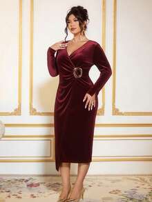 Cravure Plus Size Elegant Solid Color Wrap Dress, Suitable For Commuting - Burgundy - View 7