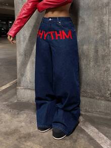 StreetHx 女士字母印花斜插口袋休闲百搭阔腿牛仔裤 - 藍色 - 查看 8