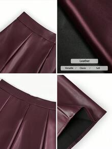 SHEIN PETITE CURVE Plus Size Petite Women's Elegant Burgundy PU Fabric Skirt,Elastic Waist A-Line Design For Autumn Everyday Concerts Parties Wedding Guests Birthdays - Burgundy - View 5