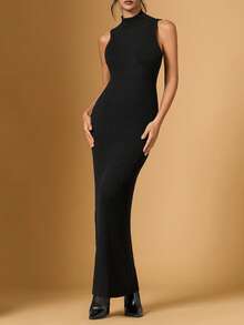 Briarwyn Đầm dệt kim không tay cổ đứng màu trơn, chất liệu gân, dáng thanh lịch, thắt eo, thích hợp cho các bữa tiệc và sự kiện mùa thu/đông, trang phục Valentine cho nữ, đầm dệt kim thanh lịch cho nữ, phong cách cổ điển, đầm dệt kim đen, trang phục mùa hè, trang phục nghỉ hè, trang phục mùa xuân cho nữ, ngày lễ tình nhân, đầm dự tiệc thanh lịch, đầm dự đám cưới cho nữ, đầm dài thường ngày. - màu đen - Xem 5