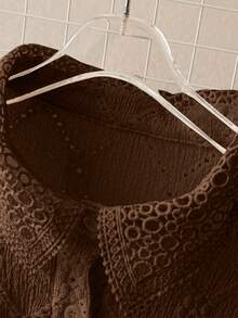 GlowEve Women's Simple Solid Color Textured Front Button Long Sleeve Shirt, Commuter Wear - Brown - View 3