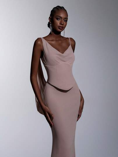 Elitara 优雅浪漫时尚浅粉色弹力网纱褶皱装饰高弹鱼尾下摆优雅派对礼服、婚礼宾客礼服、粉色连衣裙、时尚优雅伴娘礼服