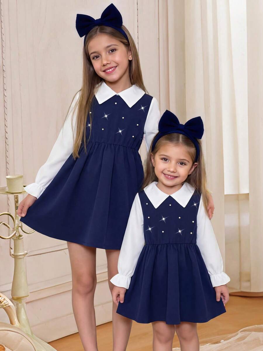 Elladie kids 少女珍珠点缀领口红白中长连衣裙，甜美优雅风格，适合派对、日常穿着、春秋季及圣诞节等场合。 - 藏蓝色 - 查看 1