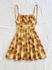 Soleia Women's Vacation Red Polka Dot Print Backless Spaghetti Strap A-Line Mini Dress, Suitable For Layering In Autumn/Winter, Party, Christmas - Yellow - View 4