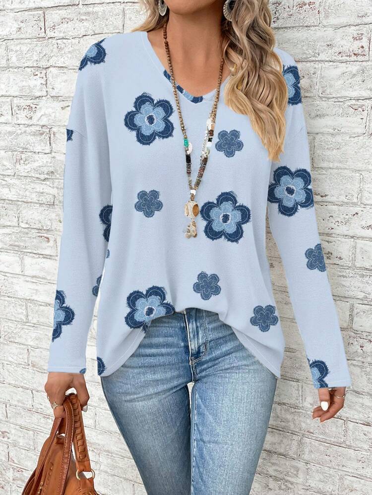 EMERY ROSE Plus Size Women's Casual Floral Print V-Neck Long Sleeve Loose T-Shirt, Spring/Autumn Carnival - Multicolor - View 4