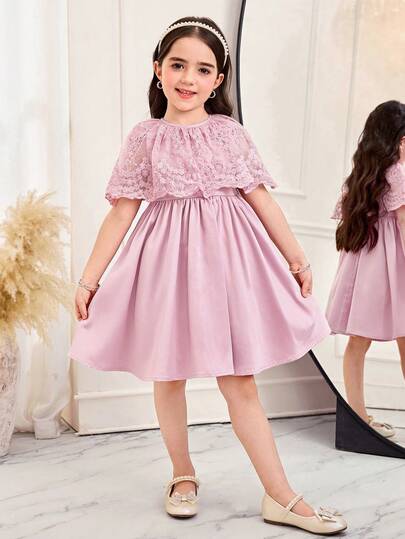 SHEIN 女童纯色圆领刺绣网纱休闲连衣裙