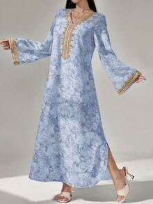 Al Najma 女士花卉印花钩编拼接长袖连衣裙，优雅端庄的A字型卡夫坦长袍，适合晚宴/婚礼宾客/周年纪念/日常穿着 - 淺藍色 - 查看 1