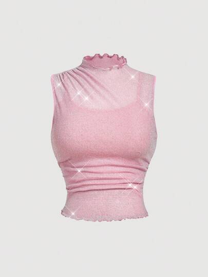 SHEIN MOD This Plus-Size Pink Top For Spring/Summer Features A Shimmering Fabric, A Semi-Stand Collar, And An Elegant, Romantic, And Simple Semi-Transparent Design. It's Versatile And Easy To Match With Any Outfit. Suitable For Holiday Looks, Party Outfits, Back-To-School Looks, Wedding Season Outfits, And Everyday Casual Wear.