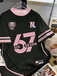 少女休闲简约数字67印花圆领短袖T恤，适合夏季穿着 - 彩色 - 查看 4