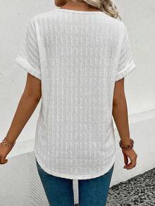 EMERY ROSE Spring/Summer New Casual Business Textured Striped Fashion White V-Neck Short Sleeve Women T-Shirt - White - View 2