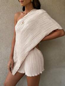 Selianne Standard Size Women's Spring/Summer Casual Loose Fit One-Shoulder Ruched Fabric Romper Jumpsuit Beige Dress Pleated Dress Cover Up Dress Asymmetrical Dress One Shoulder Dress - Champagne - View 3