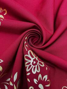 Elenzga 女士优雅时尚通勤休闲舒适迷人复古简约高端浪漫假日长袖方领收腰A字褶裥下摆围巾装饰设计烫金印花连衣裙（随机印花） - 紅色 - 查看 10