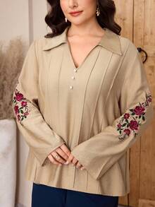 Modelyn Plus Size Women Floral Embroidery Long Sleeve Casual Shirt Modest Blouse - Khaki - View 5