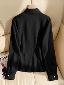 Franclia Áo sơ mi dài tay nữ màu trơn cổ bẻ đính ngọc trai, màu hồng, thích hợp cho mùa thu. - màu đen - Xem 2