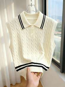 GlowEve Elegant Sleeveless Polo Neck Cable Knit Vest For Women, Spring/Summer - Apricot - View 1