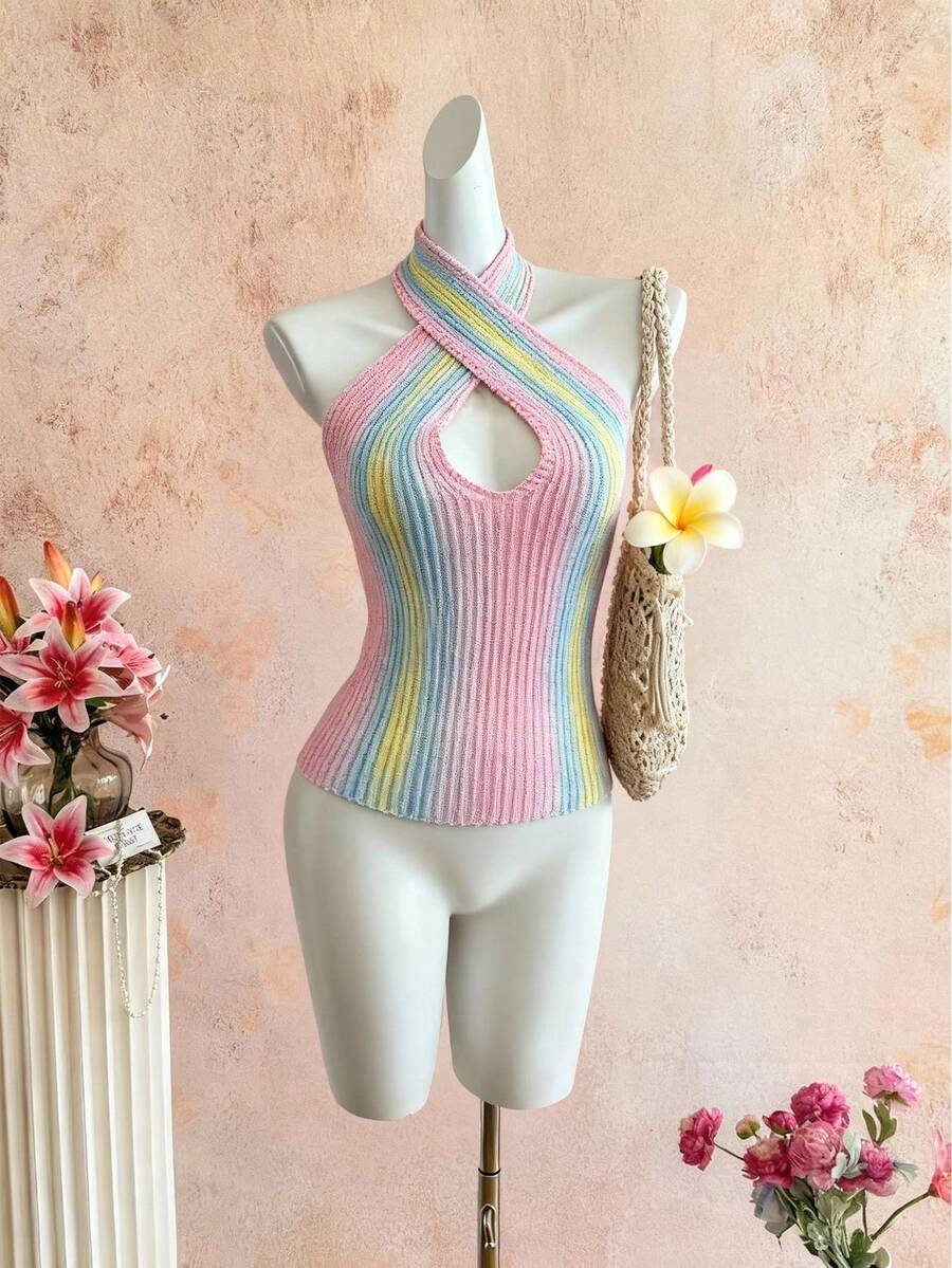 Selianne Women's Elegant Criss-Cross Halter Neck Sweater, Spring/Summer - Multicolor - View 1