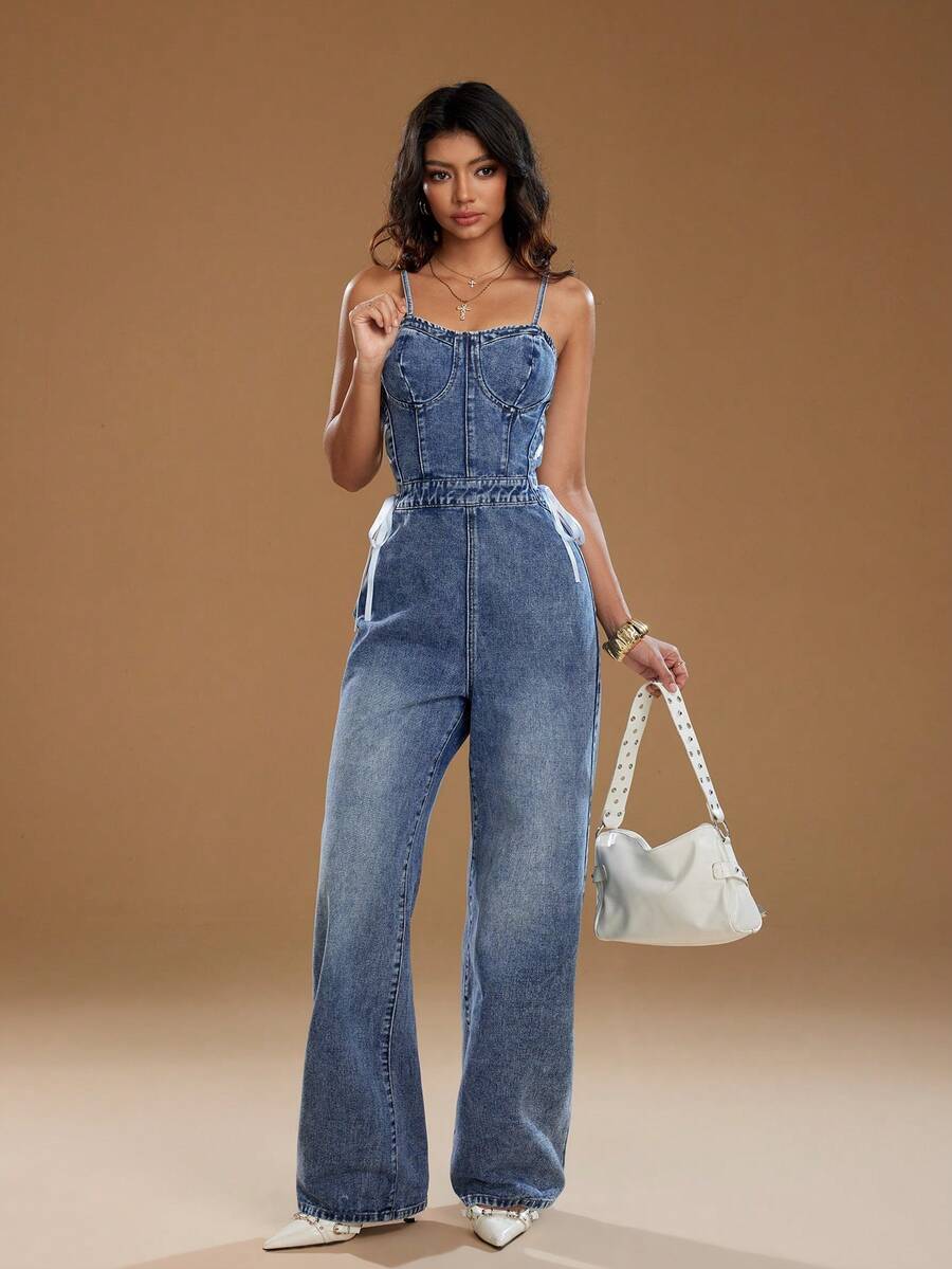 TRNVIE Fashionable Casual Sexy Camisole Bustier Denim Jumpsuit - Medium Wash - View 1