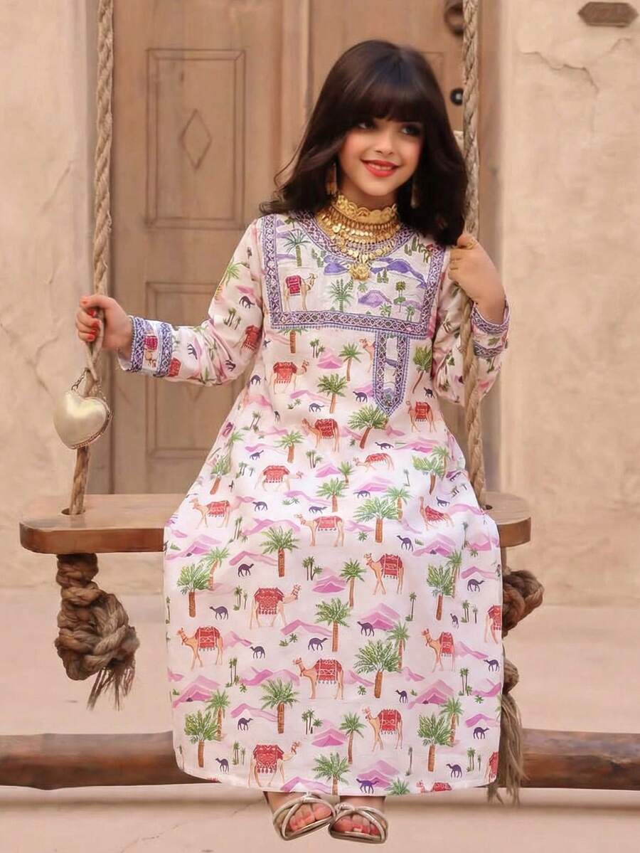 SHEIN Jalabiya 青少年女孩優雅小碎花梭織洋裝 - 粉色 - 查看 1