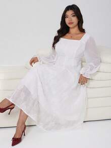 Solflare 大码优雅纯色提花通勤连衣裙 - 白色 - 查看 6