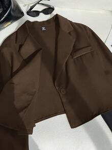 Comfortcana 大翻领短款西装外套，适合毕业季、返校季、秋冬季女教师穿着。 - 棕色 - 查看 6