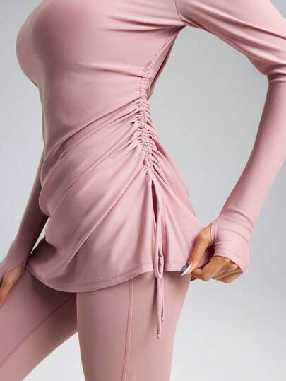 Innovista Women's Autumn Casual Letter Graphic Side Drawstring Long Sleeve Top And Pants Sports Suit Pink Long Sleeve Workout Set 2pcs, Side-Tie Ruched Tunic Top & High-Waist Leggings, Slim Fit Sculpting, Tummy Control, Yoga/Pilates/Gym/Athleisure.Viral Coquette Balletcore Clean Girl