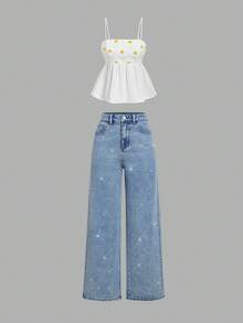 SHEIN MOD 可爱Y2K雏菊图案提花娃娃领吊带背心，完美适用于度假、约会、野餐、派对、舞会和节日，夏季、情人节、狂欢节服装。 - 白色 - 查看 7