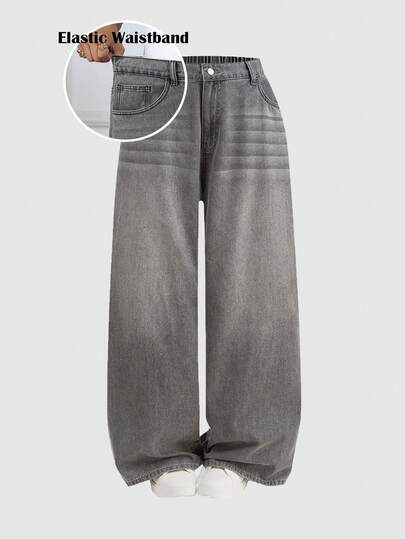 SHEIN MOD Plus Size Casual Washed Vintage Wide Leg Jeans Summer Holiday Spring Women Beach Pants Casual Jeans For Women Y2k Black Jeans Women Gray Loose Fit Wide Leg Jeans