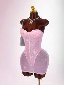 Amplova Gold Sequin Embellished Low-Cut Backless Mini Bodycon Party Dress Slay Diva Dress Sexy Dress For Club - Pink - View 4