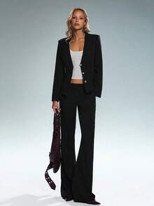 SHEIN Unity 女士纯色低腰喇叭裤修身休闲裤，秋冬款 - 黑色 - 查看 6