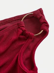 SHEIN 少女休闲优雅法式花卉3D荷叶边不对称圆领无袖上衣/吊带衫，适合春夏度假、日常外出，红色 - 紅色 - 查看 3