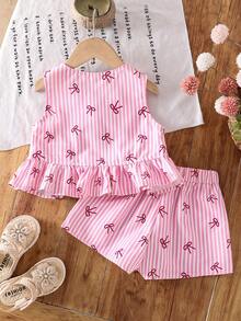 2件套少女编织条纹蝴蝶结装饰休闲吊带背心和短裤套装 - 粉色 - 查看 2