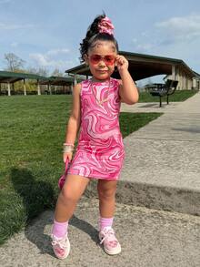 少女休闲运动风针织圆领爱心印花无袖连衣裙，春夏款