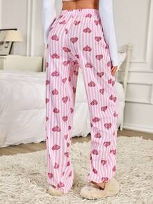 SHEIN WOMEN PLUS SIZE COTTON 2PCS FAKE DRAWSTRING DETAIL STRIPED HEART PATTERN LONG SLEEP PANTS HOMEWEAR SET - Multicolor - View 3