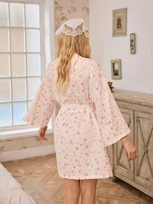 SHEIN Romantic Ditsy Floral Long Sleeve Robe, Spring/Autumn - Apricot - View 2