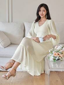 DAZY Elegant enfärgad spetsklänning med lapptäcke för kvinnor, mellanlång klänning för vår/sommar, sommarklänning för bröllopsgäster - Beige - Visa 7