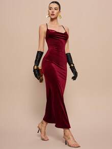 Leighera 优雅女士红色连衣裙，适合新年假日派对穿着，酒红色天鹅绒长款女装 - 酒紅色 - 查看 5