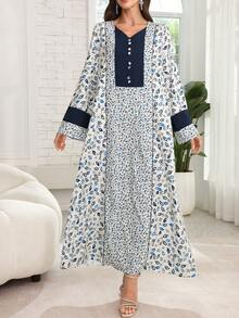 Al Najma Vestido de estilo árabe con cintura de cordón, unicolor con parches de hojas y flores, tono azul - Multicolor - Ver 7