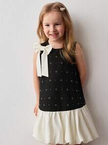 Maija Kids Đầm dài tay cổ tròn đính hạt cườm phối màu tương phản cho bé gái, kiểu dáng thường ngày. - màu đen - Xem 5