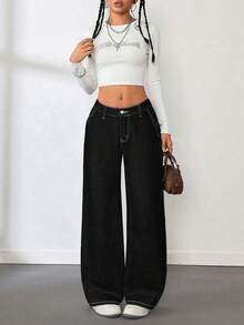 少女休闲水洗低腰阔腿牛仔裤 - 黑色 - 查看 6