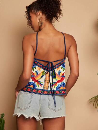 Travachic Tropical Print Backless Halter Neck Vacation Top, Spring Summer Vacation Outfits, Elegant Outfits For Party, Luxury Evening Outfits For Weddings, Graduation Outfits, Ceremony Outfits, Bridesmaid Outfits, Beach Vacation