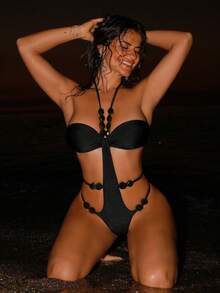 Swim SXY 1pc Beaded Sexy Hollow-Out Monokini Swimsuit, Solid Color Fabric, Flattering - Black - View 4