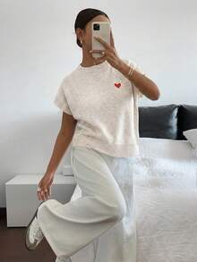 Siren Gaze Women's Casual Minimalist Heart Embroidered Knit Top, Spring Women, Summer ,Valentines Day , Valentine ,Valentine's Day ,Birthday For Women, Going Out Top For Women - Apricot - View 3