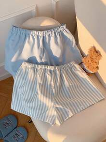 Comfortcana Bộ 2 quần short nữ kiểu dáng thường ngày: Vải dệt kẻ sọc xanh dương, thiết kế cài nút phía trước. - Màu xanh lam - Xem 2