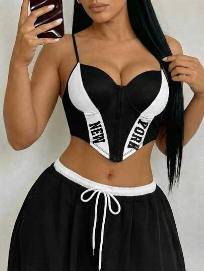 SHEIN SXY 大码女装夏季街头时尚撞色字母印花不对称下摆露脐吊带背心