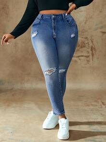 Truni Plus Size Women Casual Distressed Slim Fit Jeans, For Pear & Triangle Body Shape - Blue - View 6