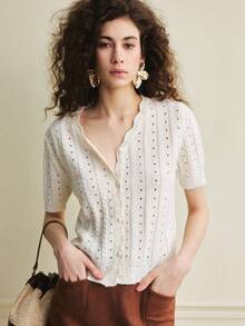 Écloséra French Retro Loose V-Neck Short Sleeve Knit Open Front Lacing Beaded Edge Beige Women's Spring/Summer Knit Top, Summer Tops Summer Outfits For Women Holiday Outfits For Women Casual Tops For Women White Top Eyelet Top Knit Tops Crochet Tops For Women Eyelet Tops For Women Women's White Top Women's Tops And Blouses Women's Tops For Summer Knit Tops For Women Blouses For Women Summer - Beige - View 6
