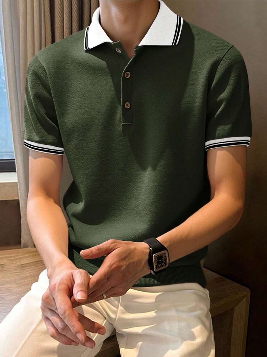 Claim Dot 男士休闲条纹边饰短袖针织上衣，夏季 - 軍綠色 - 查看 1