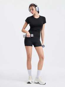 Loungeista 1件女士褶皱胸衣，竹纤维短袖修身塑形上衣，显瘦透气舒适T恤 - 黑色 - 查看 8