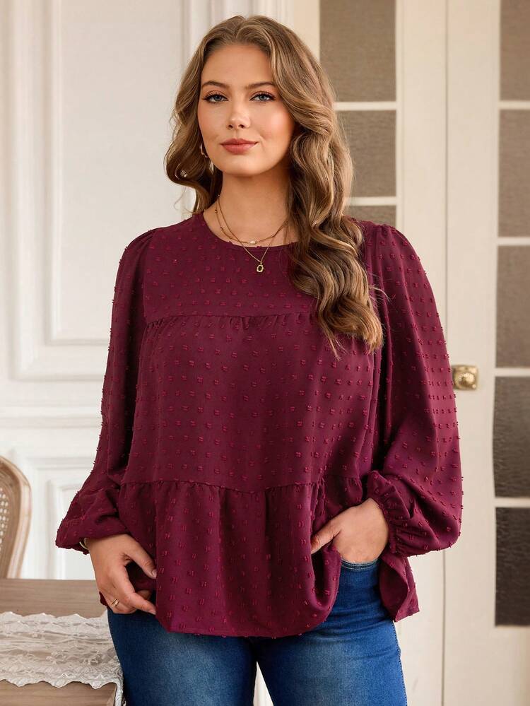 Plus Size Women Casual Loose Lantern Sleeve Ruffle Hem Blouse Burgundy Top Fall Clothes For Women  Boho Tops Plus Size Women Long Sleeve Blouse New Year Clothes,Spring/Summer/Vacation