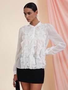 Femmeiva Fashionable & Versatile White Solid Color Chiffon Multi-Layer Ruffle Collar Front Open Casual Elegant Women Long Sleeve Blouse, Autumn/Winter - White - View 3